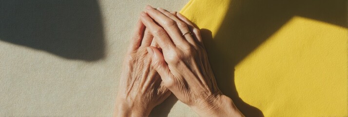 Poster - Authentic Elderly Hands with Wedding Ring in Soft Light Premium Healthcare Visual for Empathy-Based Medical Marketing and Social Media Campaigns