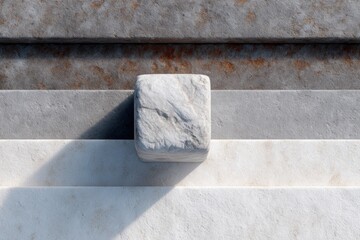 Poster - Minimalist marble cube on layered stone blocks with natural textures and shadows, symbolizing stability and modern design for architecture and art