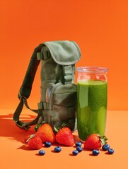 Aufkleber - Premium Nutrient-Rich Green Smoothie with Fresh Berries and Hydration Pack on Vibrant Orange Background for Modern Wellness Marketing Campaigns