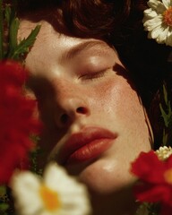 Aufkleber - Premium Botanical Beauty Concept with Womans Face and Flowers for Organic Skincare Advertising and Modern Lifestyle Wellness Campaigns