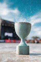 Poster - Premium Modern Trophy Splashing Water on Stage Authentic Victory Symbol for Competitive Events and Professional Marketing Campaigns