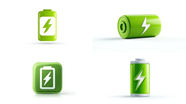Green battery icons with lightning symbols indicating energy levels. Charge, eco-friendly