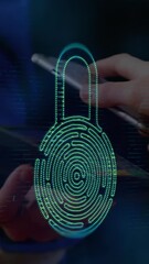 Poster - Security padlock icon against man making payment through NFC technology