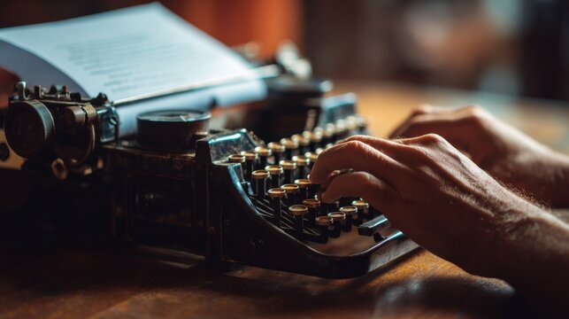 Close-up of man typing on vintage typewriter with paper in cozy setting  
