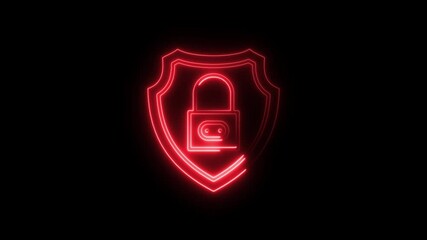 Poster - Glowing Red Neon Security Shield and Padlock Symbol on Black Background Digital Protection
