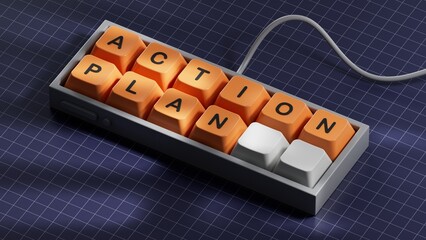 Poster - Action plan. Computer keyboard keys spelling.Flat lay view from above on blue background with Computer keyboard keys buttons.IT technology concept.3D rendering on blue background.
