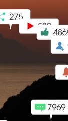 Poster - Animation of social media icons over sunset and sea landscape