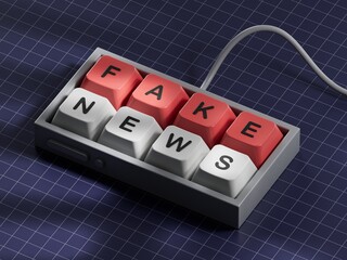 Poster - Fake News symbol. Computer keyboard keys with words 'Fake News'. Computer keyboard keys. Copy space.3D rendering on blue background. 