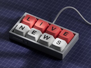 Poster - Live News symbol. Computer keyboard keys with words 'Live News'. Computer keyboard keys. Copy space.3D rendering on blue background.