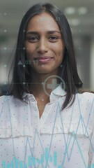 Poster - Animation of data processing over businesswoman smiling in office