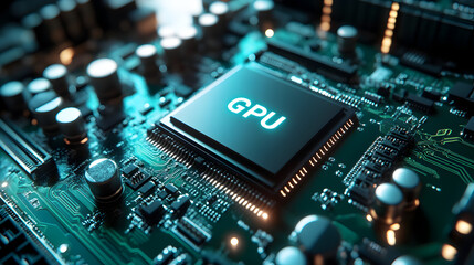 Fototapete - macro shot of a powerful gpu chip featuring detailed electronic circuits on a green motherboard, rep