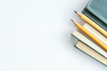 Poster - Flawless Picture of Directly Above Shot of Books with Pencil on White Background