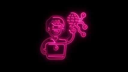 Aufkleber - Glowing Neon Tech Icon Animation Smiling Person with Laptop and Global Network Symbol