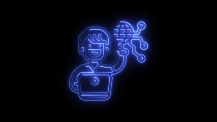 Aufkleber - Neon Tech Professional Smiling with Laptop and Global Network Icon Illustrating Technology and