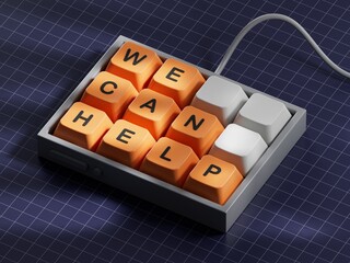 Poster - We can help symbol. Computer keyboard keys with words We can help. Business and We can help concept. Computer keyboard keys. Copy space.3D rendering on blue background.