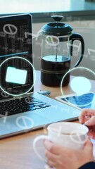 Poster - Animation of icons, connections and data processing over woman using electronic devices in office