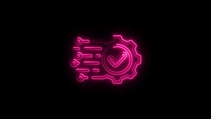 Poster - Glowing Neon Checkmark Gear Icon Animation on Black Background Illustrating Process Completion