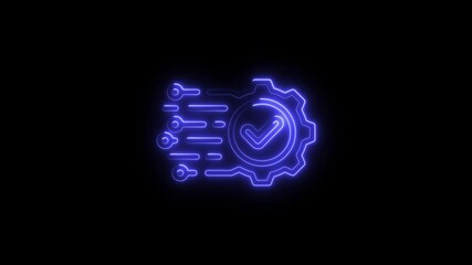 Poster - Neon Tech Approval Animation Glowing Checkmark Gear Icon on Black Background Digital Verification