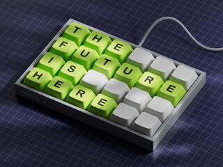 Poster - The future is here symbol. Concept words The future is here on Computer keyboard keys.Business and The future is here concept. Copy space.3D rendering on blue background.