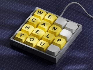 Poster - We can help you symbol. Concept words We can help you on Computer keyboard keys. Business and We can help you concept. Copy space.3D rendering on blue background.