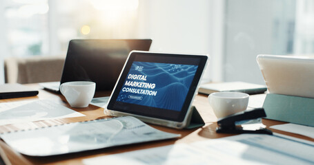 Poster - Empty office, tablet and screen for digital marketing, consultation and documents at media company. Tech, touchscreen and ui with paperwork, furniture and virtual display with application at agency