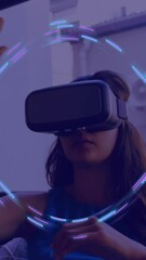 Poster - Animation of glowing light trails of data transfer over woman in vr headset