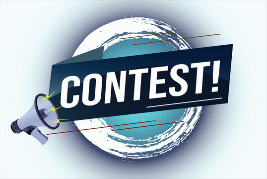 contest megaphone loud speaker design for ribbon banner poster. lettering with geometric shapes lines. advertising Vector illustration modern alert typographic blue color design template.