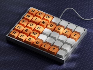 Poster - Mindset symbol. Computer keyboard keys with words New Mindset for new Result.Business and New Mindset new Result concept. Copy space.3D rendering on blue background.