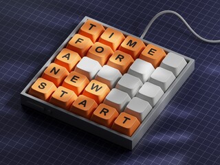Poster - Time for a new start symbol. Computer keyboard keys with words Time for a new start.Business and Time for a new start concept. Copy space.3D rendering on blue background.