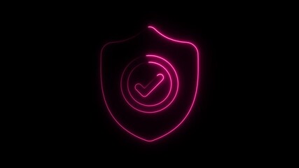 Poster - Glowing Neon Shield with Checkmark Symbolizing Security and Verification on Black Background