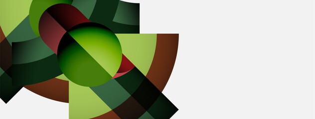 Poster - Abstract geometric shapes, green hues dominate. Composition features circular elements, layered forms, modern design aesthetic. Minimalist, clean background.