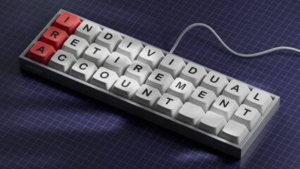 Poster - IRA - Individual Retirement Account symbol. Concept word IRA on Computer keyboard keys.Business and IRA concept. Copy space.3D rendering on blue background.