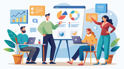 Poster - Team presentation with graphs and charts in office space