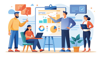Poster - Team discussing business charts and graphs on a board