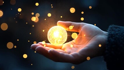 Wall Mural - Closeup of a glowing orb in a hand, radiating light with bokeh effects against a dark, indistinct background. The focus is on the luminosity and the contrast between the sphere's glow and the