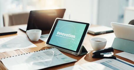 Poster - Empty office, tablet and screen for innovation, tech and documents for futuristic web development. Workplace, touchscreen and ui with paperwork for virtual display with application at IT agency