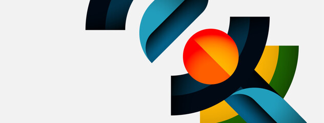 Poster - Abstract shapes overlap, creating dynamic composition. Colors include orange, blue, yellow, green, dark shades. Minimalist design, modern aesthetic.