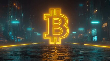 Poster - Glowing bitcoin symbol in futuristic city background animation loop