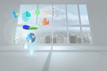 Poster - Flat design is displaying holographic charts and rotating globe over floor with tall windows