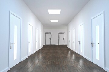 Poster - Flat design hallway is showing white frosted doors, dark floor, skylights, black doodle outlines