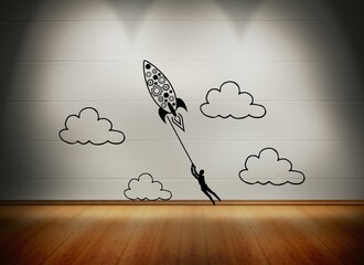 Wall Mural - Rocket with man at white wall in room