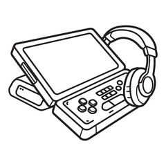 Poster - Isometric illustration of a portable media player device and headphones black outlined vector