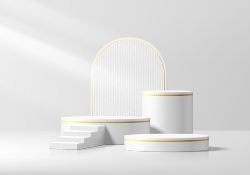 3D white cylindrical podium background with stair and arch backdrop wall scene. Minimalist mockup pedestal abstract stand product display presentation, Stage for showcase. Platforms vector design.