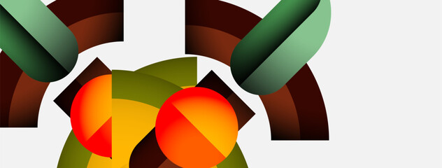 Poster - Abstract geometric composition. Shapes overlap, creating dynamic visual interest. Colors include orange, green, brown, white. Modern design.