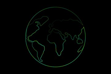 Poster - Neon green globe outline is glowing against solid black backdrop showing stylized continent shapes