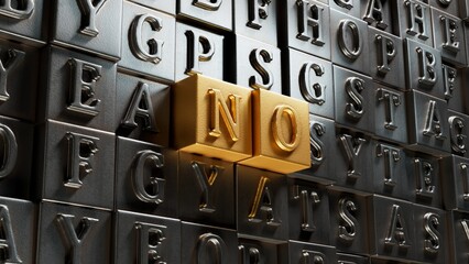 Poster - Movable type printing with text no. Negative answer concept. No risk, no violence or no discrimination concept.3D rendering on gold background.