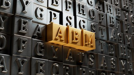 Fototapete - word abm with Movable type printing.close up of Movable type printing,Business Concept.3D rendering on gold background.