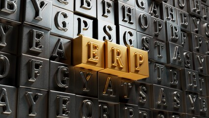 Fototapete - Movable type printing with erp text. Financial, marketing.close up of Movable type printing,Business Concept.3D rendering on gold background.