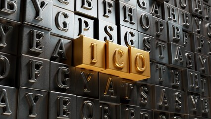 Poster - letters of the alphabet of ICO on Movable type printing. ICO - short for initial coin offering.close up of Movable type printing,Business Concept.3D rendering on gold background.