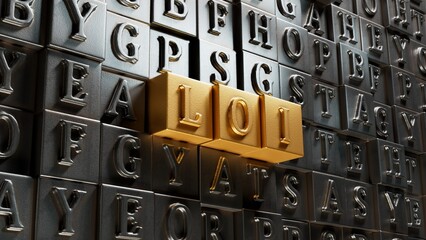 Poster - Movable type printing with loi text. Financial, marketing.close up of Movable type printing,Business Concept.3D rendering on gold background.